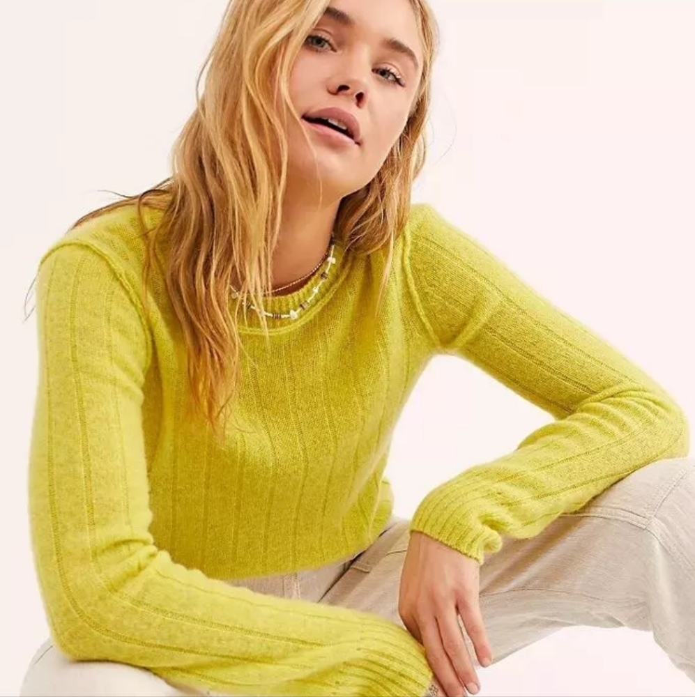 Free People Vibrant Lime Ribbed Crewneck Sweater
